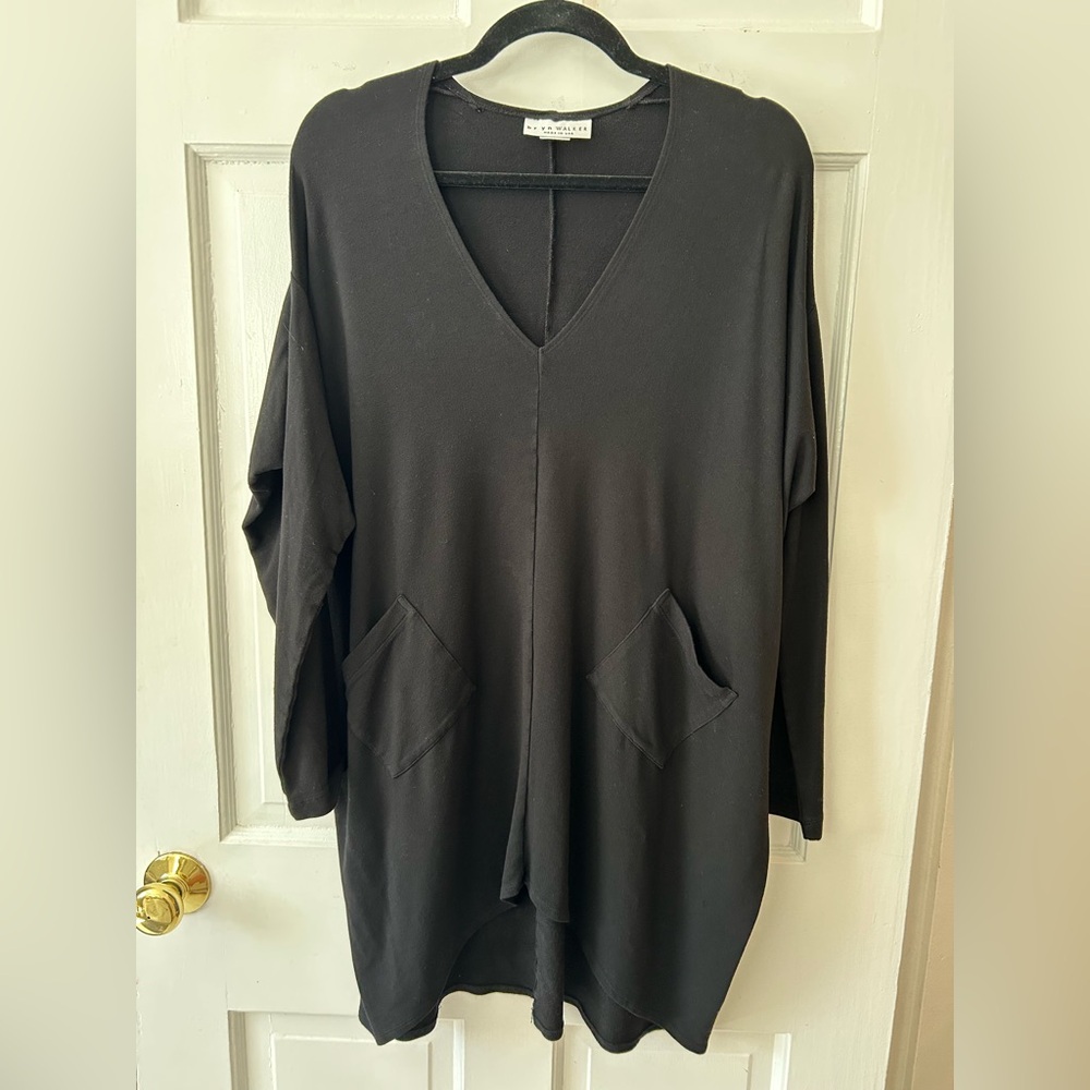Bryn Walker Oversized Black Tunic Dress Asymmetrical Pockets Boho Lagenlook Sz S